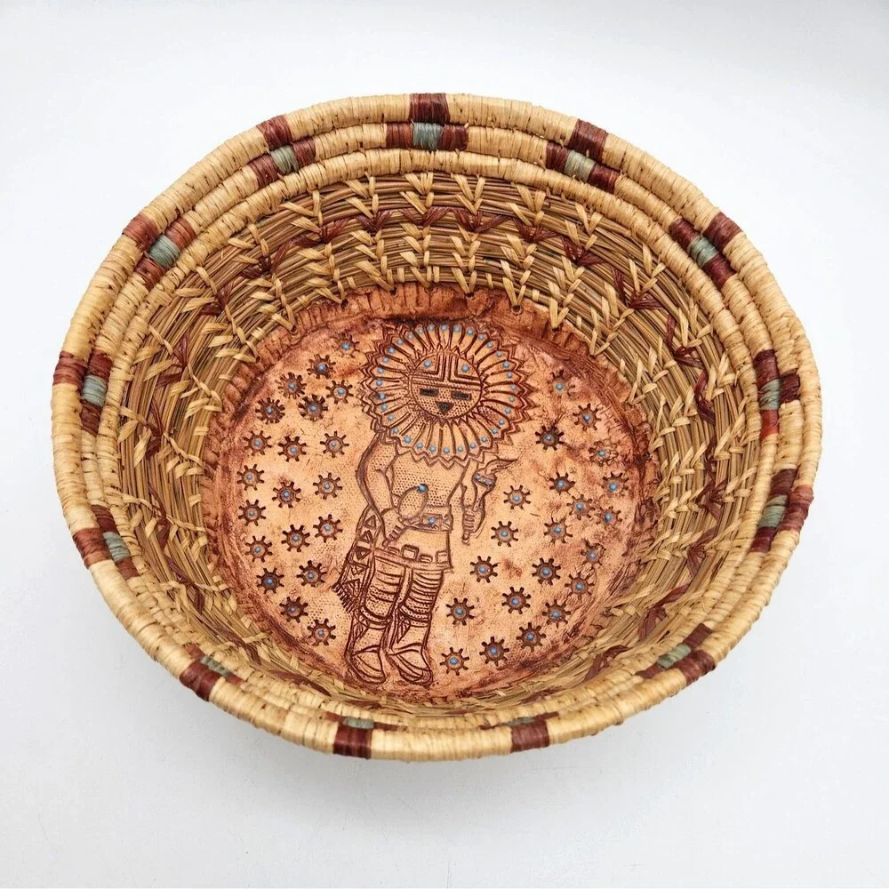 Vtg 2000 Joyce Wenker Handwoven Pine Needle Basket Kachina Clay Base Bowl Signed